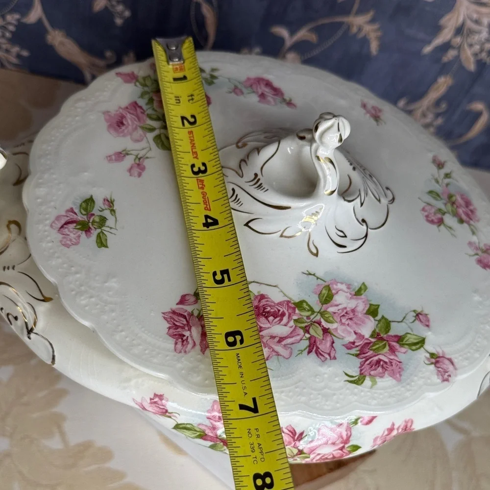 Antique Johnson Brothers England Oval Covered Floral Dish Gold Trim